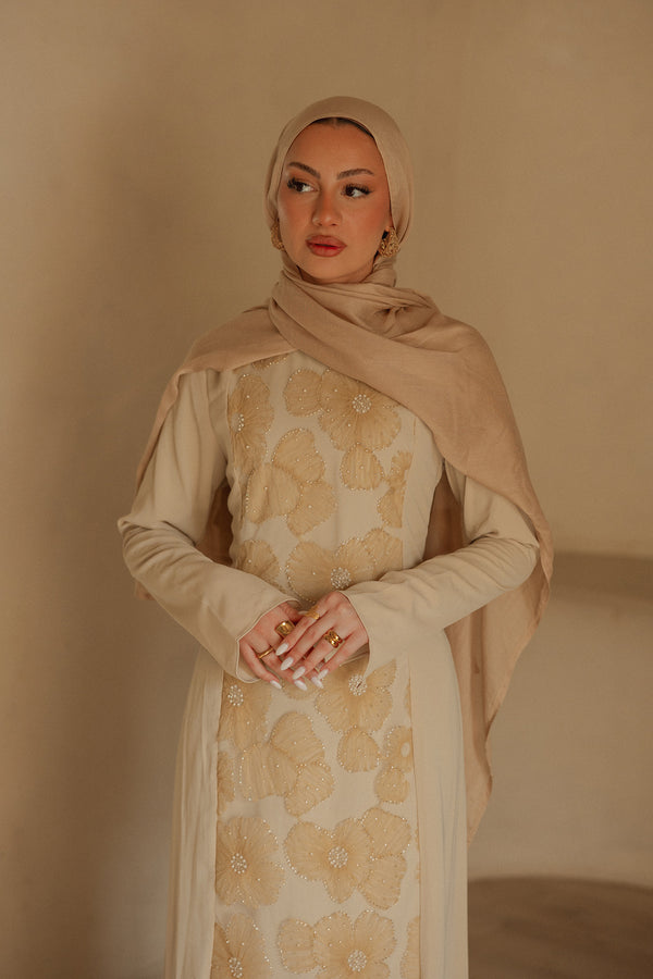 Warda Floral Lace Dress - Beige