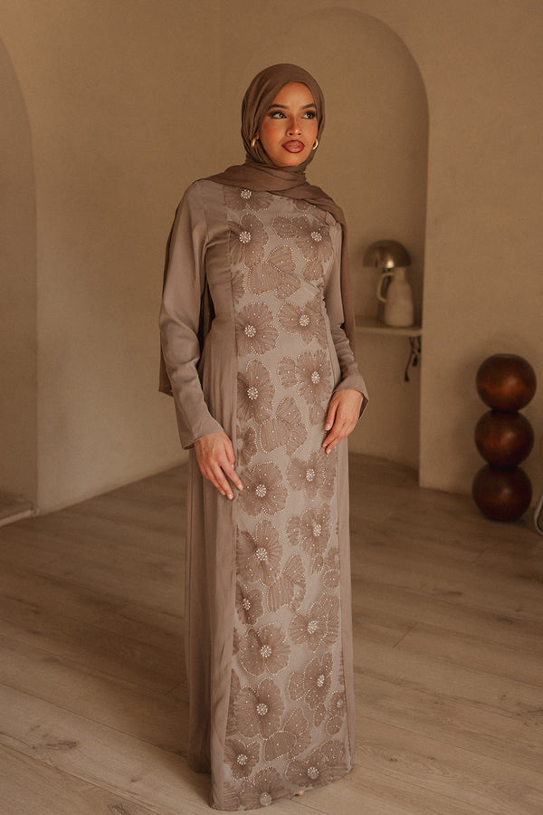 Warda Floral Lace Dress - Taupe