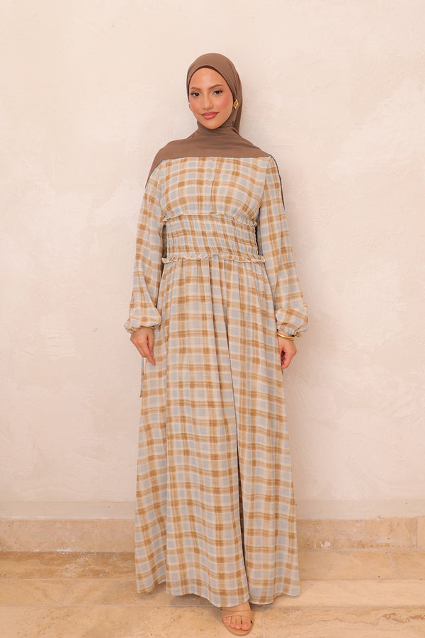 Elsie Shirred Waist Plaid Dress - Denim Blue