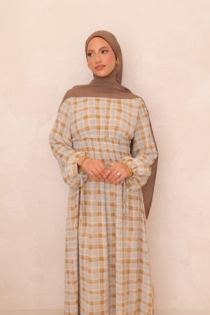 Elsie Shirred Waist Plaid Dress - Denim Blue