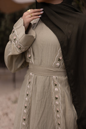 Aida Embroidery Abaya Set- Sage