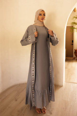 Aida Embroidery Abaya Set- Dusty Blue