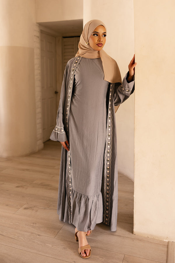 Aida Embroidery Abaya Set- Dusty Blue