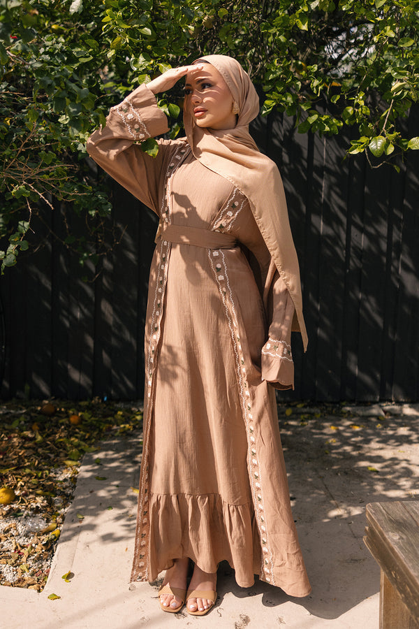 Aida Embroidery Abaya Set- Dusty Taupe