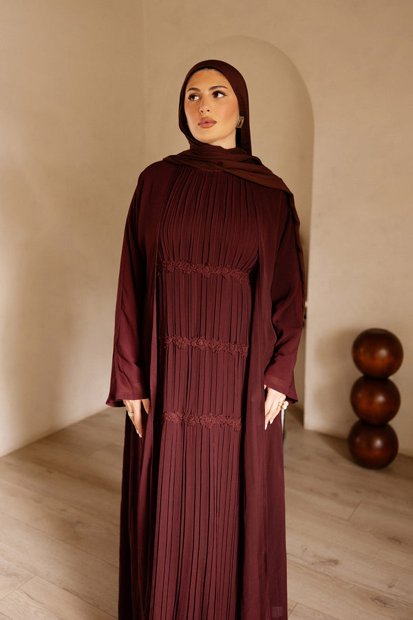 Haya Pleat Chiffon Abaya Set - Mahogany