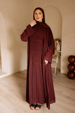 Haya Pleat Chiffon Abaya Set - Mahogany