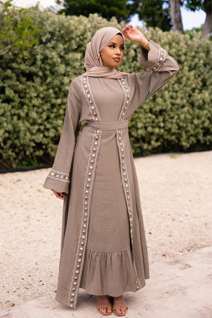 Aida Embroidery Abaya Set- Mink