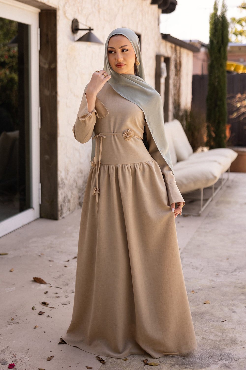 Hala Flower Linen Dress- Beige Hala Flower Linen Dress- Beige