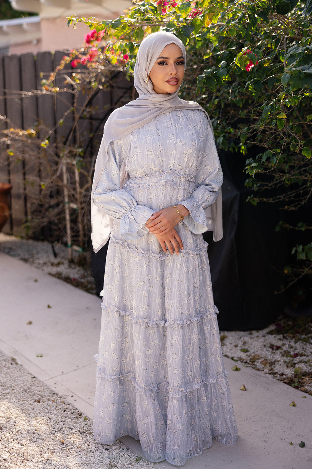 Emery Lace Floral Dress- Blue Gray