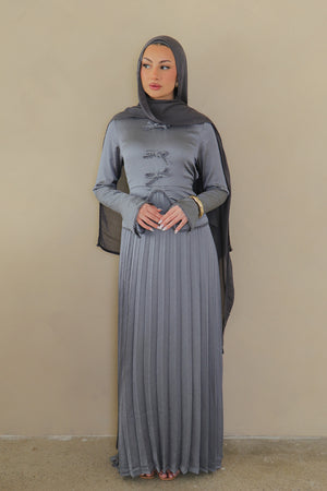 Reham Bow Pleat Dress- Blue Gray