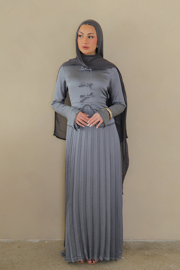 Reham Bow Pleat Dress- Blue Gray