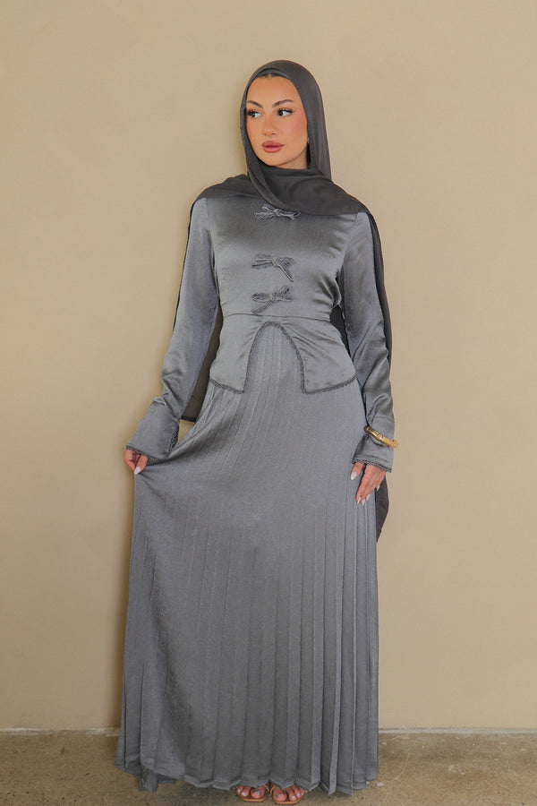 Reham Bow Pleat Dress- Blue Gray