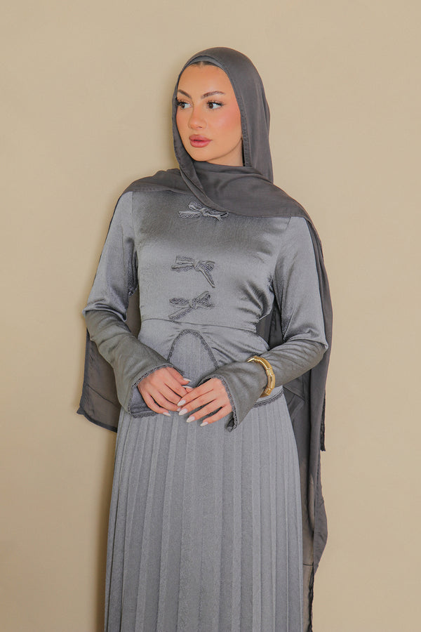 Reham Bow Pleat Dress- Blue Gray