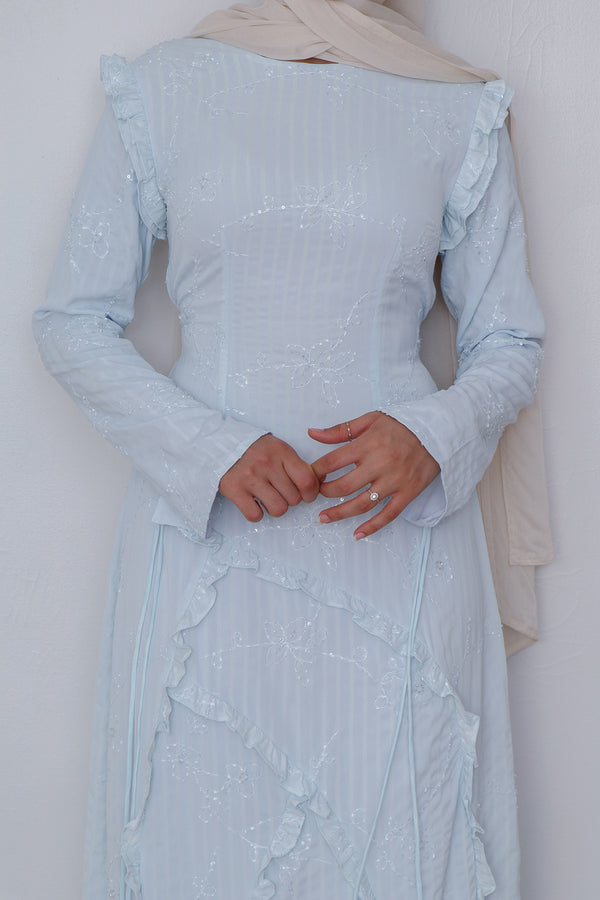 Limited Edition Daisy Embroidery Stripe Dress- Sea Blue