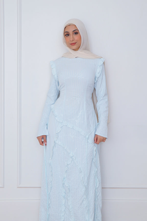Limited Edition Daisy Embroidery Stripe Dress- Sea Blue