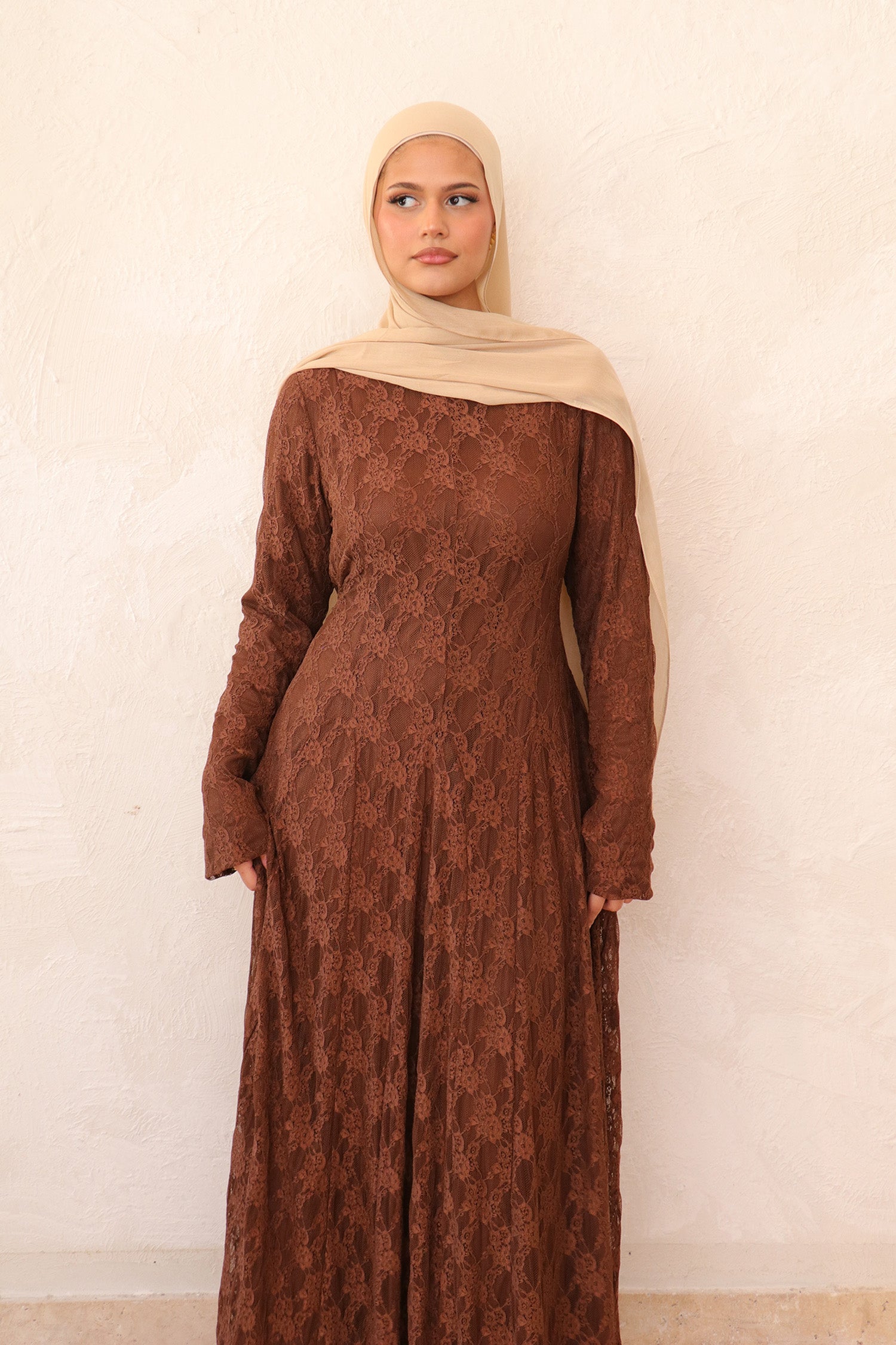 Sareen Lace Maxi Dress- Dark Brown M by LaMeera Moda Sareen Lace Maxi Dress- Dark Brown M by LaMeera Moda