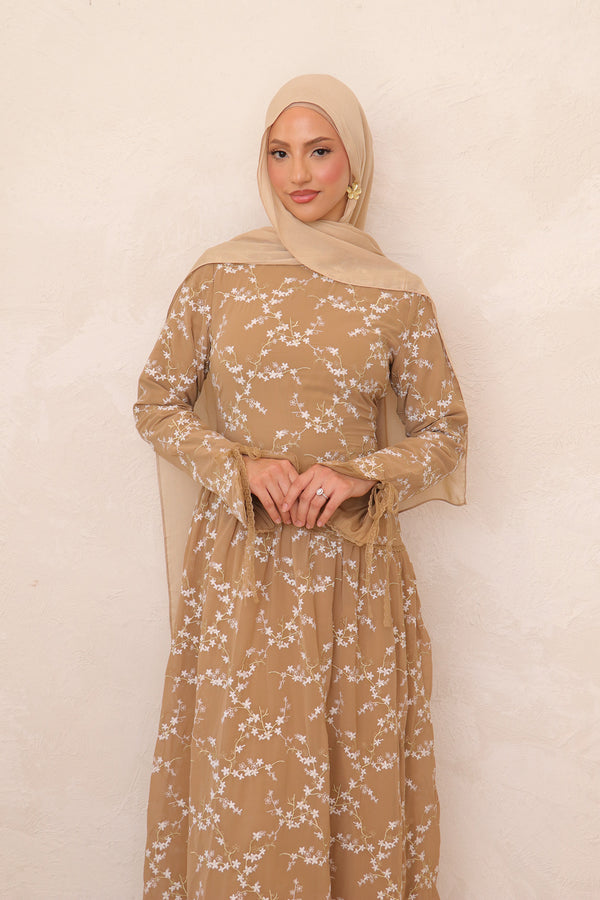 Clara Drop Waist Chiffon Dress - Brown