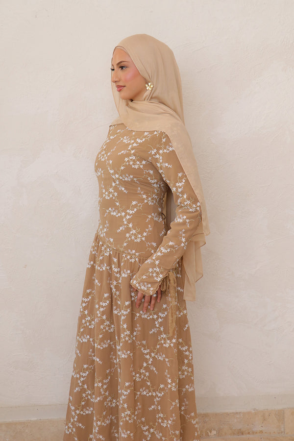 Clara Drop Waist Chiffon Dress - Brown