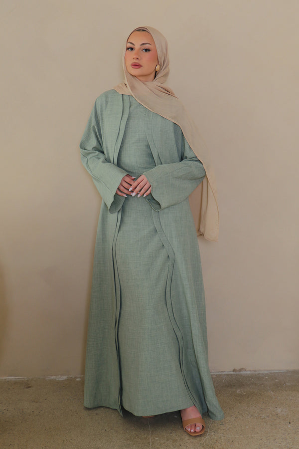 Dunya Linen Abaya Set- Sage