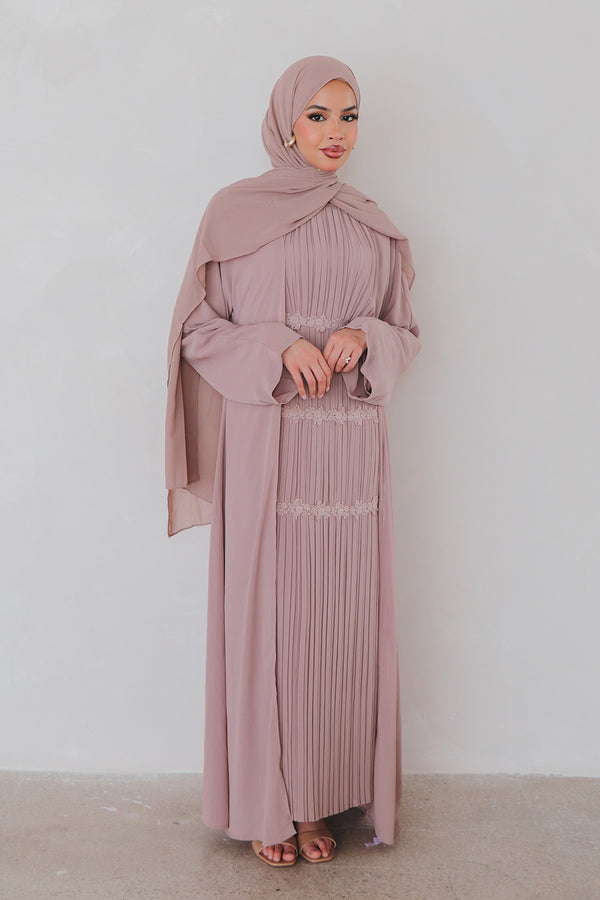 Haya Pleat Chiffon Abaya Set - Rose