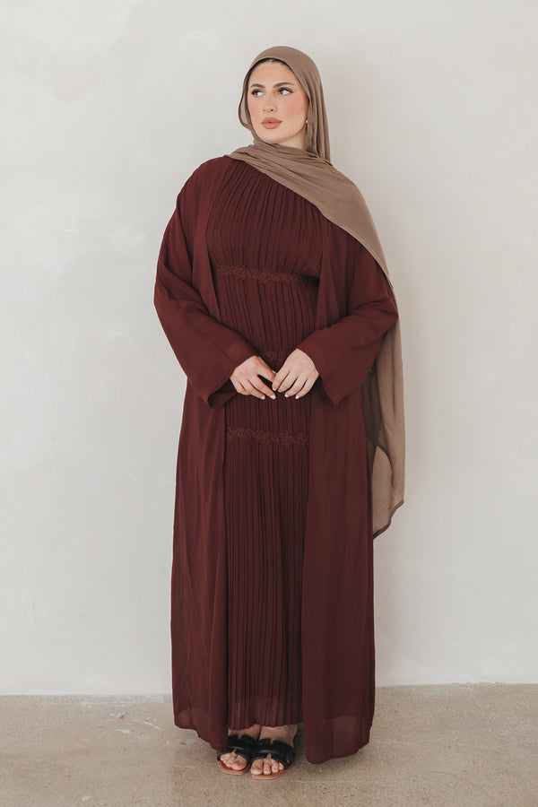 Haya Pleat Chiffon Abaya Set - Mahogany