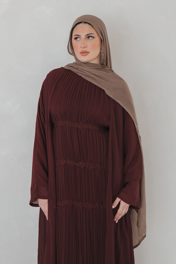 Haya Pleat Chiffon Abaya Set - Mahogany