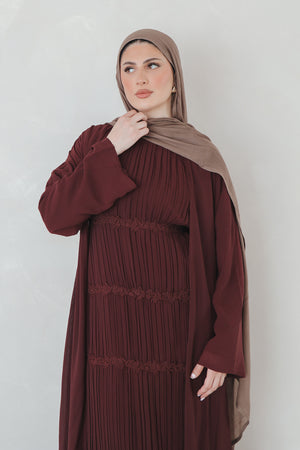 Haya Pleat Chiffon Abaya Set - Mahogany