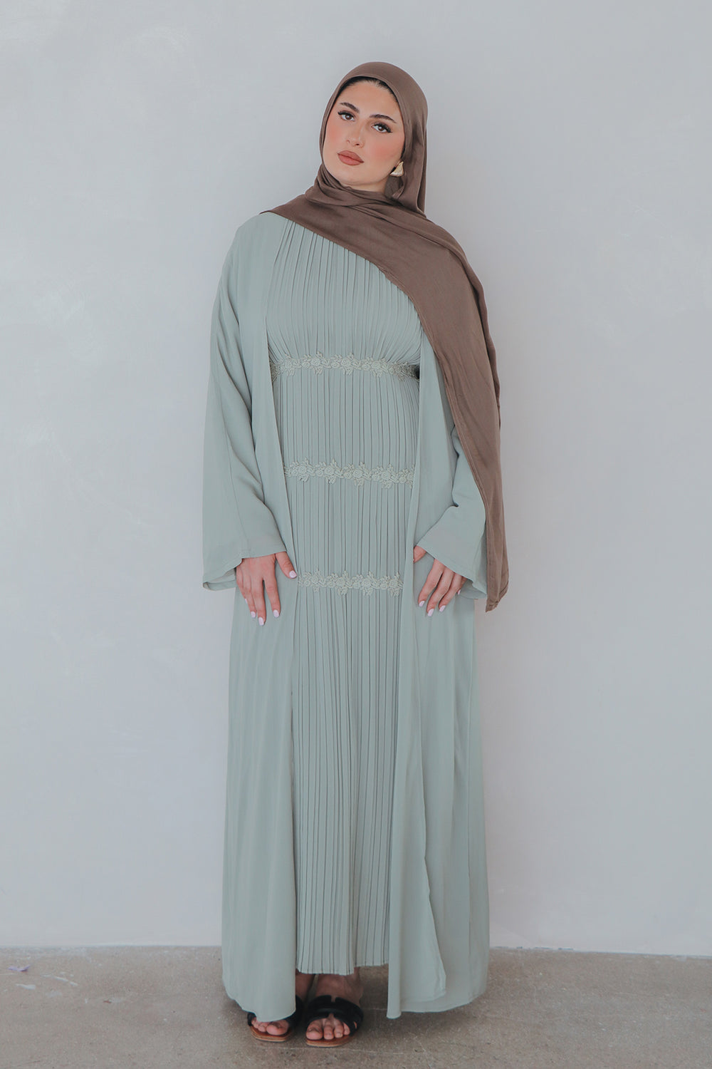 Haya Pleat Chiffon Abaya Set - Sage