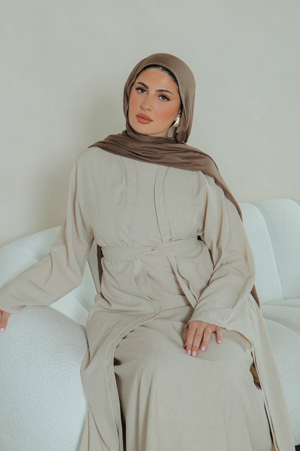 Dunya Linen Abaya Set- Beige