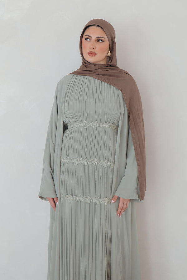 Haya Pleat Chiffon Abaya Set - Sage