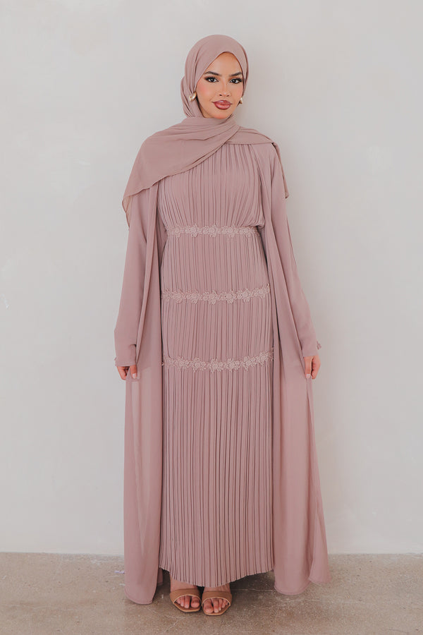 Haya Pleat Chiffon Abaya Set - Rose