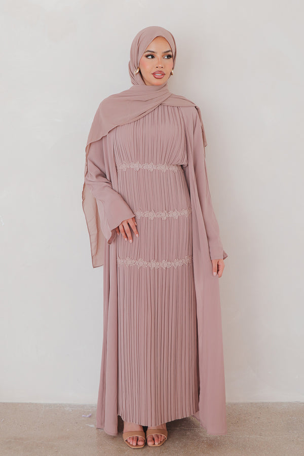 Haya Pleat Chiffon Abaya Set - Rose