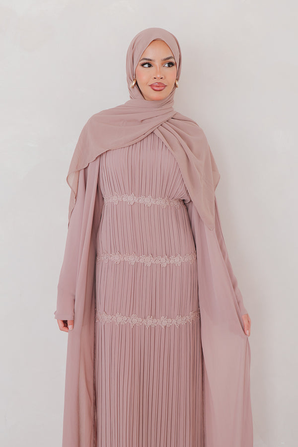 Haya Pleat Chiffon Abaya Set - Rose