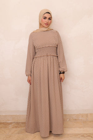 Elsie Shirred Waist Plaid Dress - Mocha Brown