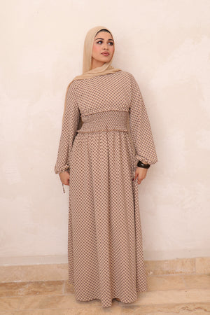 Elsie Shirred Waist Plaid Dress - Mocha Brown