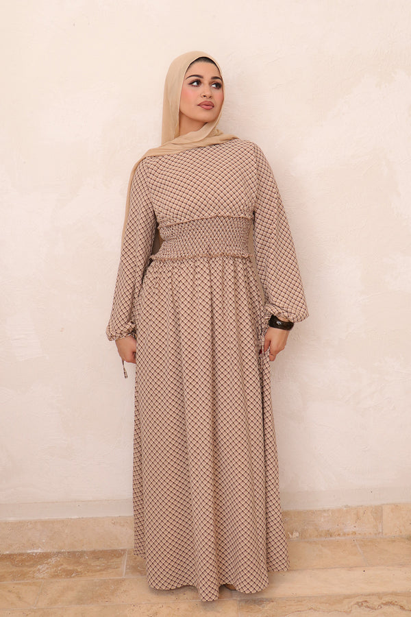 Elsie Shirred Waist Plaid Dress - Mocha Brown