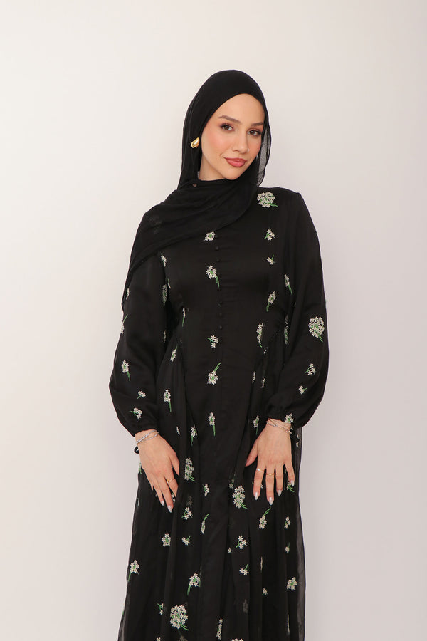 Serena Embroidery Floral Dress- Black