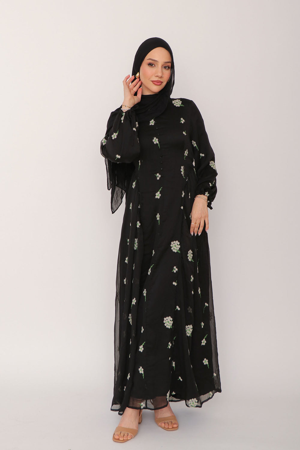 Serena Embroidery Floral Dress- Black