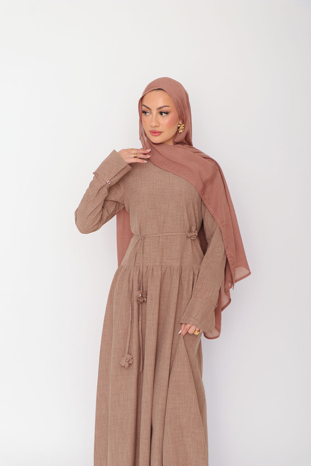 Hala Flower Linen Dress- Mink