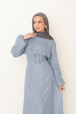 Leila Organza Embroidery  Dress - Blue Gray