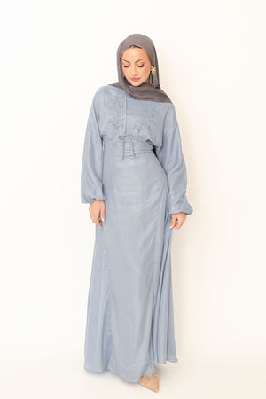 Leila Organza Embroidery  Dress - Blue Gray