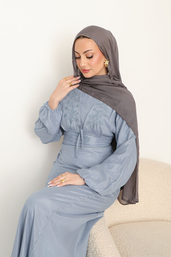 Leila Organza Embroidery  Dress - Blue Gray