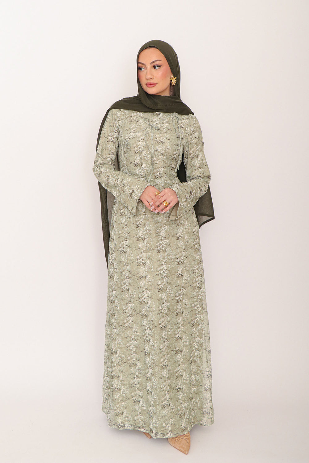 Evara Lace Bow Dress- Sage