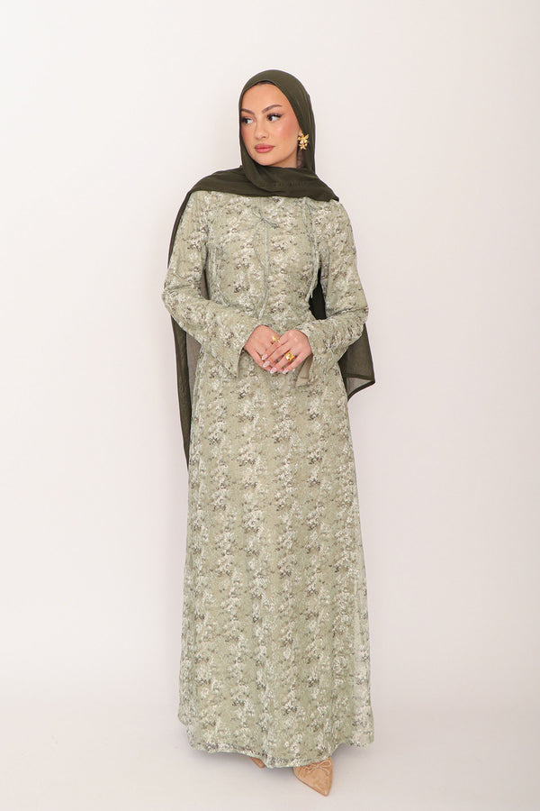 Evara Lace Bow Dress- Sage