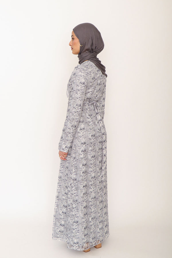 Evara Lace Bow Dress- Blue Gray