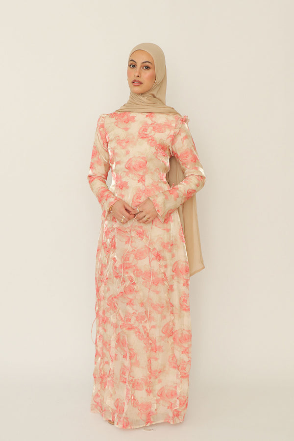 Daisy Organza Floral Maxi Dress- Pink
