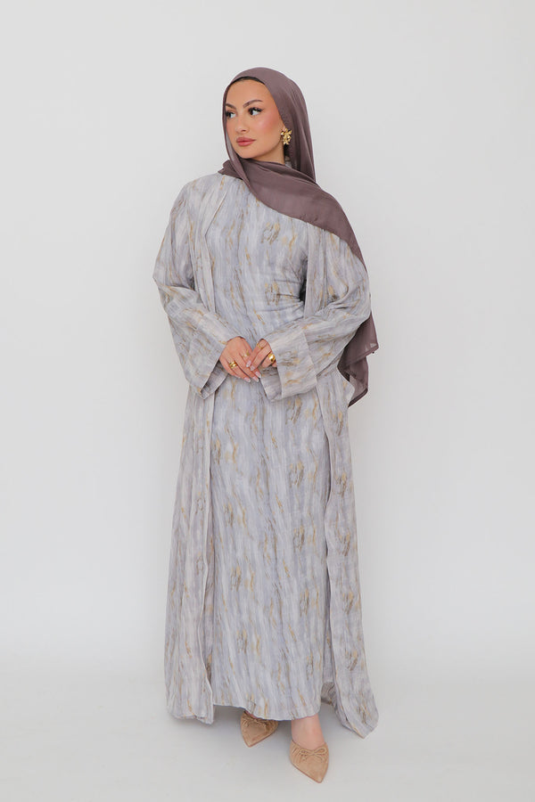 Rana Print Abaya Set- Blue Gray