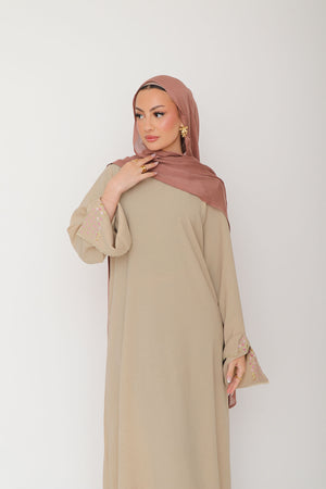 Soraya Embroidery linen Abaya- Beige
