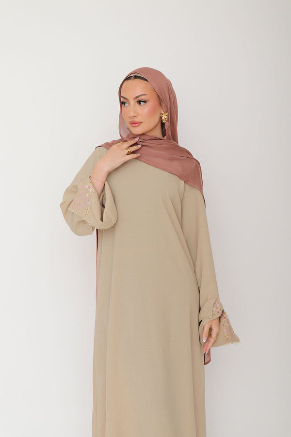 Soraya Embroidery linen Abaya- Beige