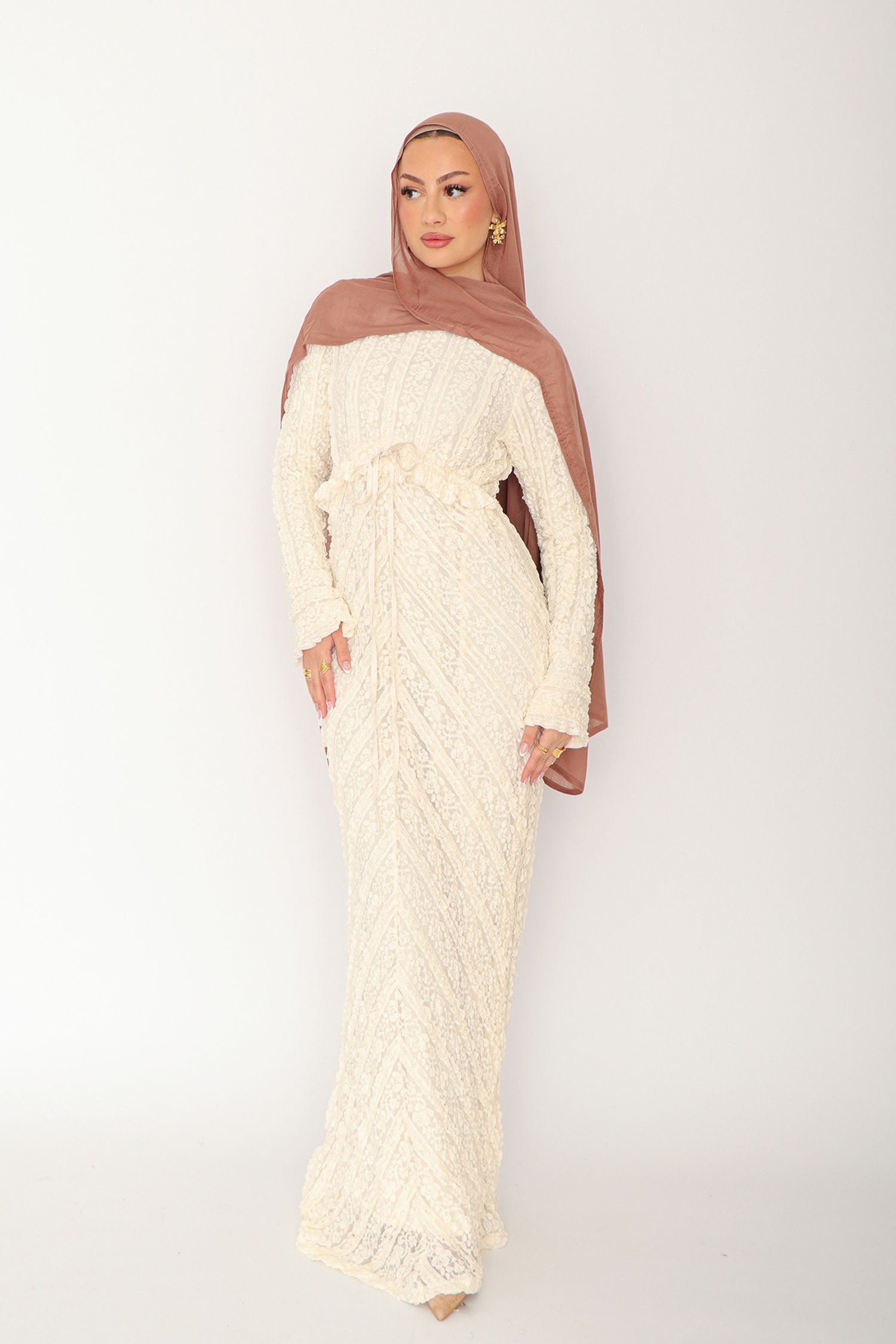 Giara Lace Ruffle Dress- Cream L by LaMeera Moda